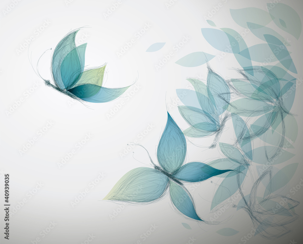 Naklejka premium Lazurowe kwiaty jak motyle / surrealistyczny szkic