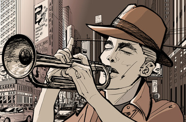 Wandcirkels Muziekband Trompetspeler in hartje New York  © Isaxar