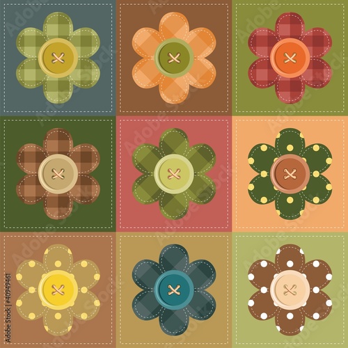 patchwork background with flowers and buttons