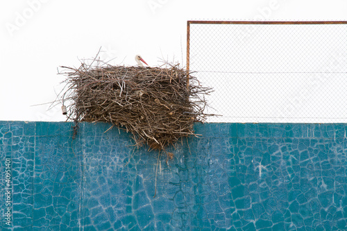 Stork nest over fronton wall