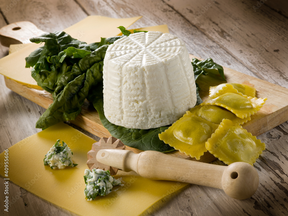 ingredients for homemade preparation ravioli ricotta and spinach - obrazy, fototapety, plakaty 