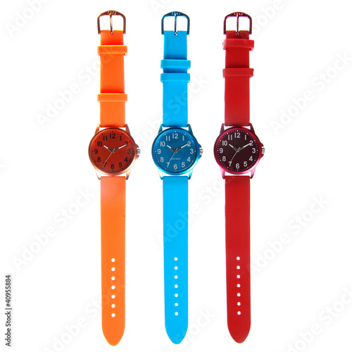 three colorful watches isolated on white