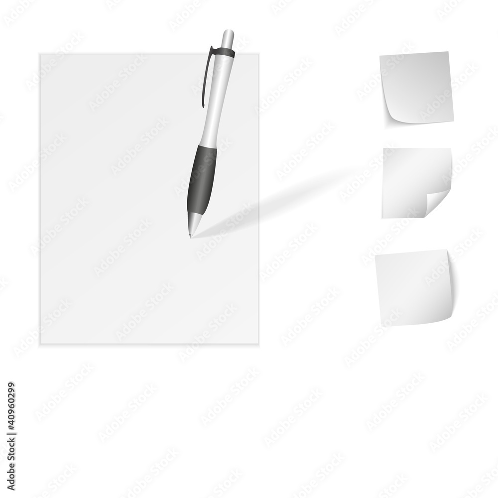 paper with a pen and stickers isolated on a white background paper with a pen and stickers isolated on a white background
