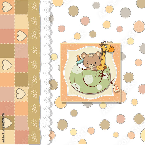 new baby announcement card with bag and same toys