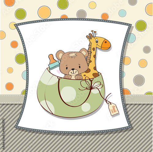 new baby announcement card with bag and same toys