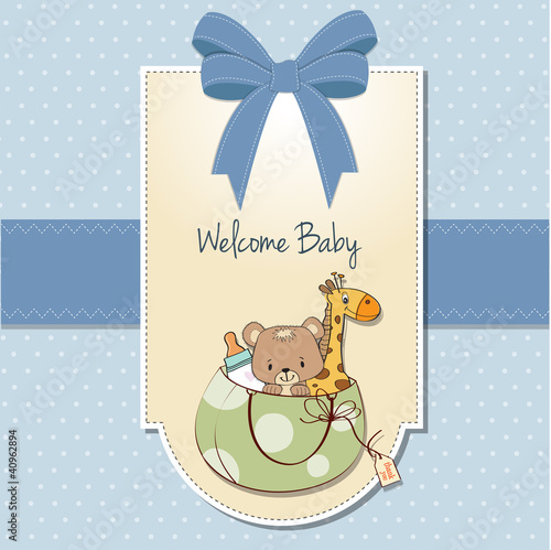 new baby announcement card with bag and same toys