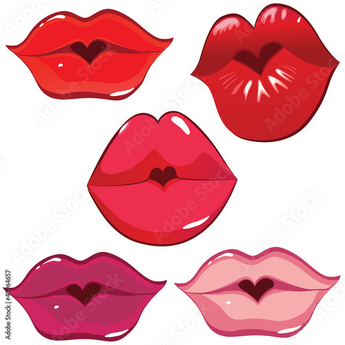 Set of glossy lips in tender kiss.