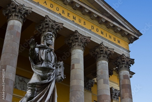 Entrance of the Eger Cathedral with a saint statue in Hungary