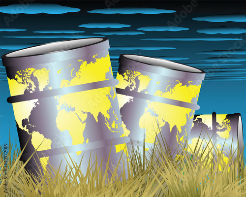 Barrels of oil on the dry grass