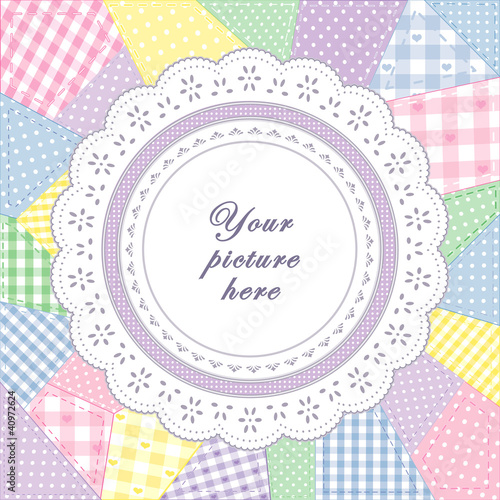 Patchwork Quilt Frame, pastels, eyelet lace doily, copy space