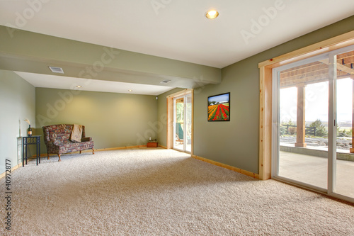 Ground level large new living room with green walls.