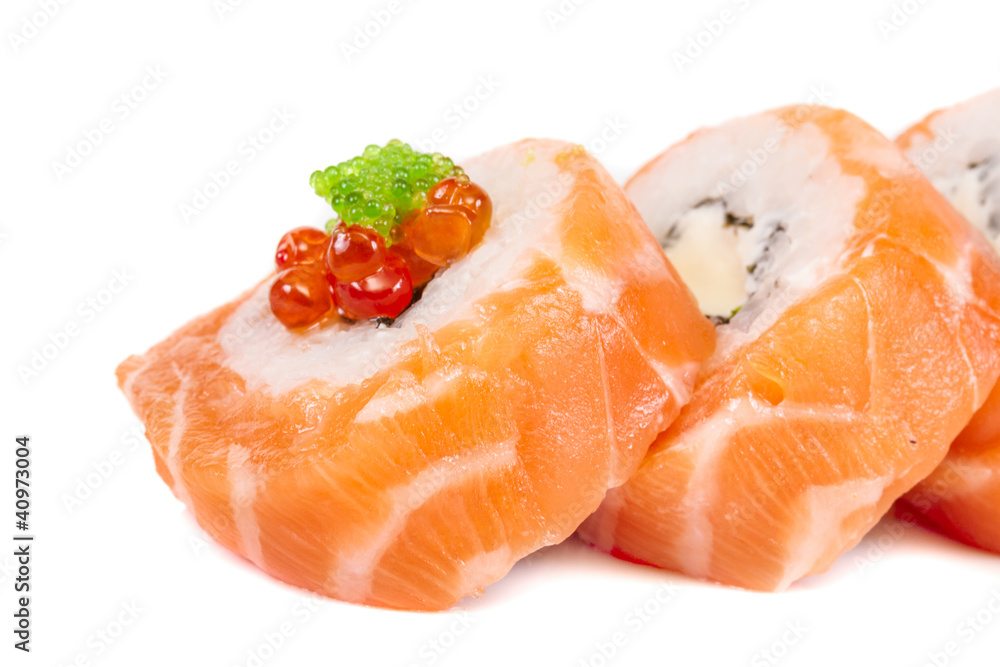 Japanese sushi traditional japanese food.Roll made of salmon, re Japanese sushi traditional japanese food.Roll made of salmon, re