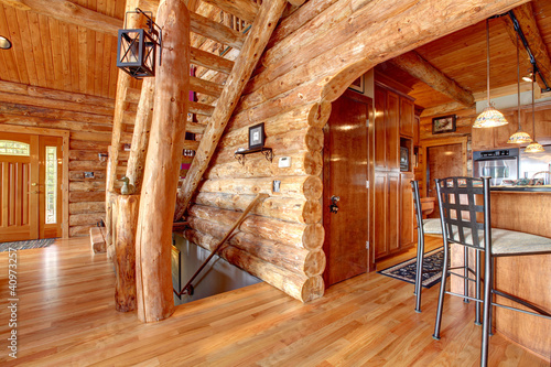 Log cabin kitchen and staircase interior.