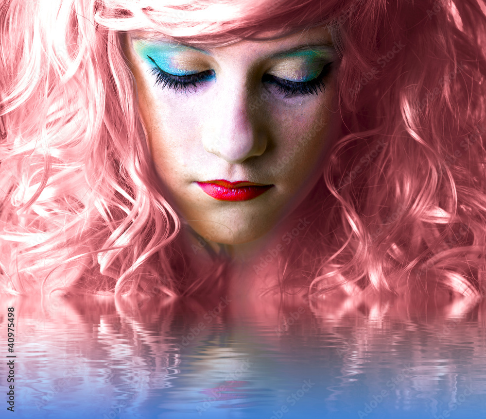 pink haired fairy girl in water reflection