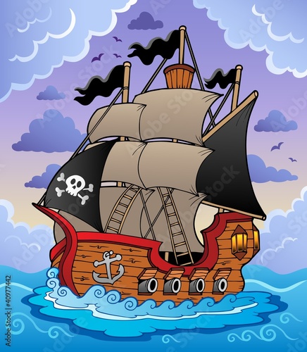 Pirate ship in stormy sea