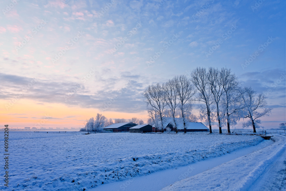 Farm in a white winter landscape