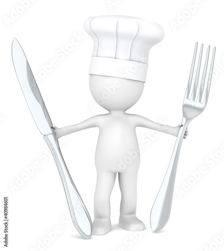 3D Little Human. The Master Chef holding a fork and a knife