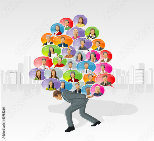 Business man carrying speech balloon icons with faces inside