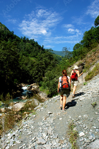 Trekkers in Himalayan mountains, Annapurna conservation region