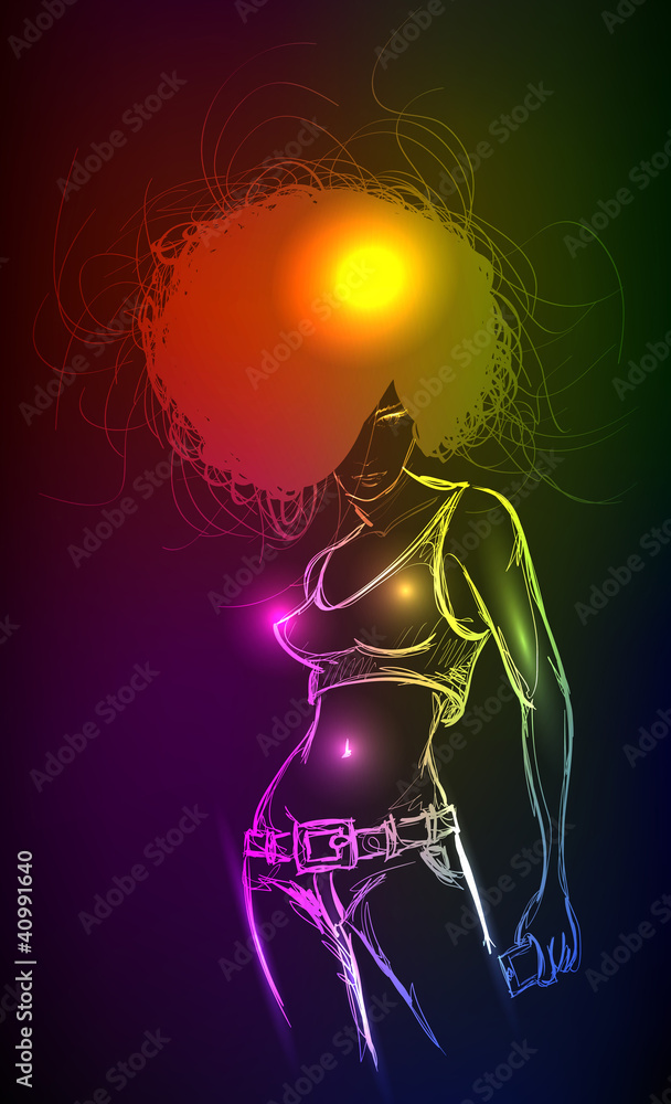 Hand-drawn fashion model from a neon. A light girl's