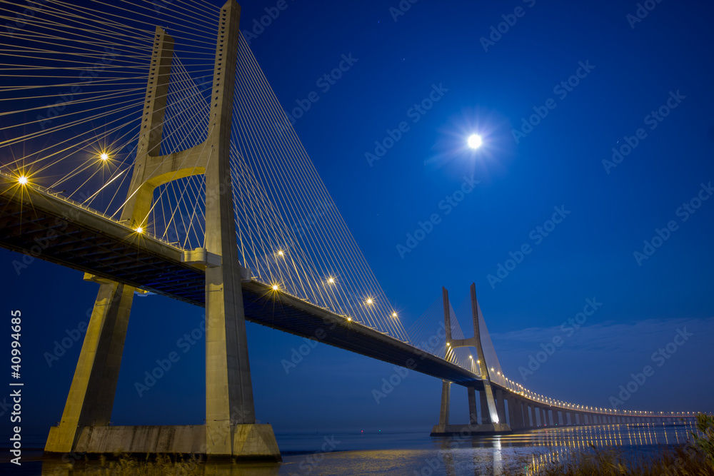 Fototapeta premium Suspension bridge under moonlight at night