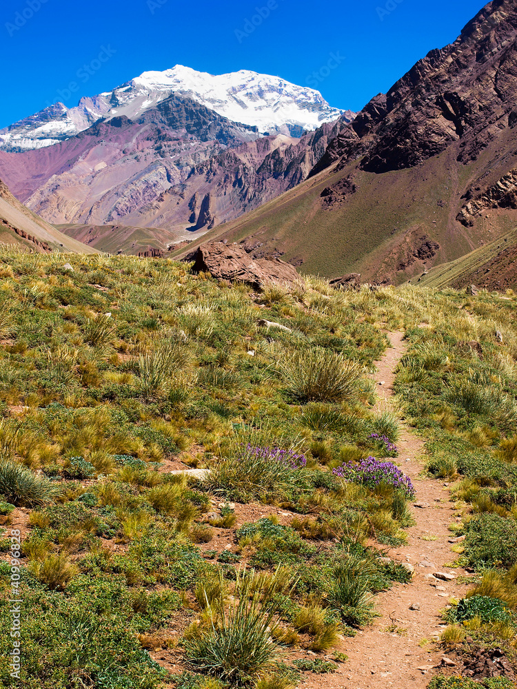 Hiking path with Aconcagua in the background, Mendoza, Argentina