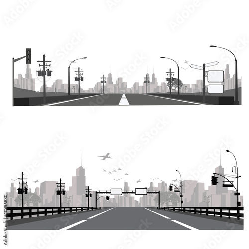 Vector illustration.Highway silhouette .City skyline