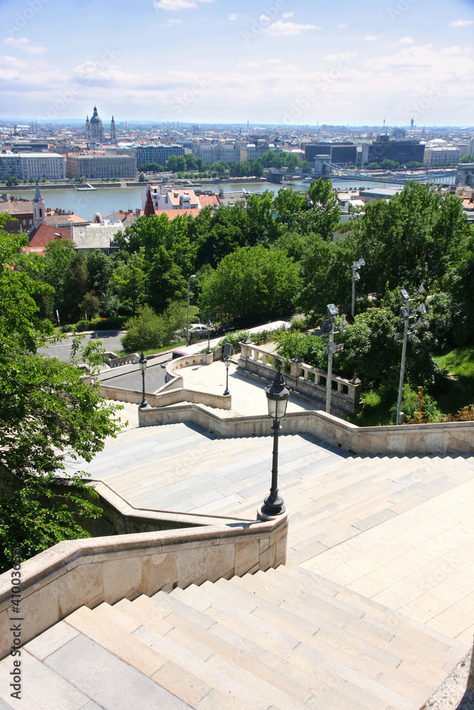 The stairs of the Fisherman's Bastion and panorama, Budapest, Hu