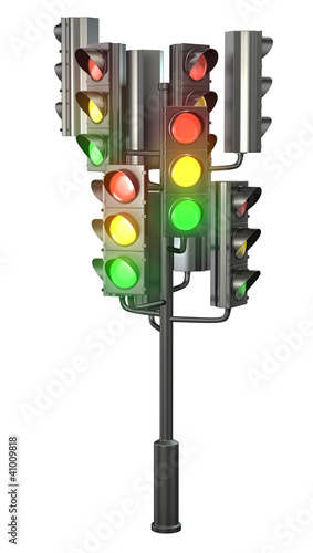 Large group of traffic lights on single stand