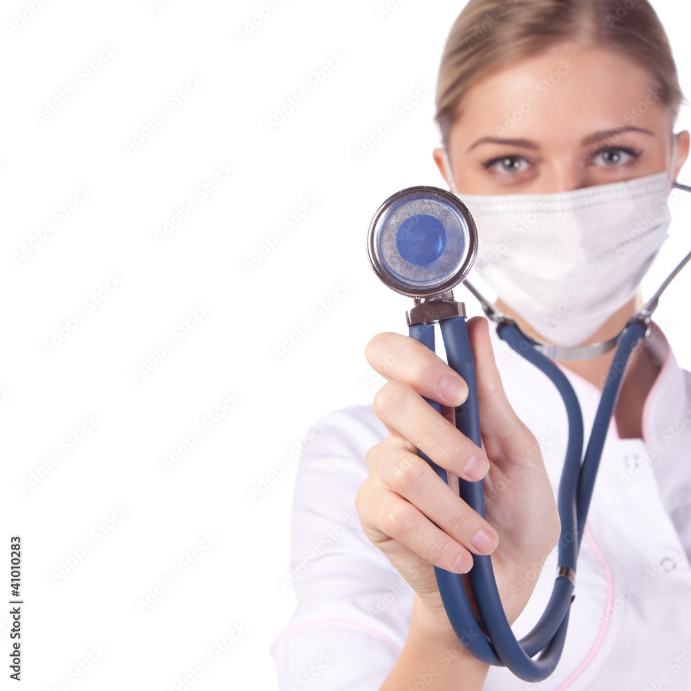 Portrait of a girl doctor in a mask. phonendoscope Portrait of a girl doctor in a mask. phonendoscope