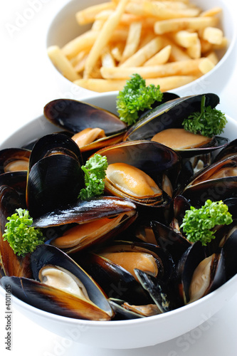 steamed mussels with white wine, and french fries