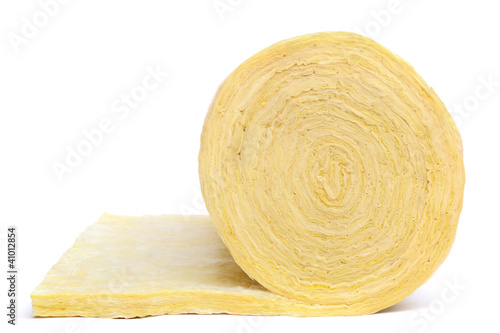 Roll of fiberglass insulation material, isolated on white photo