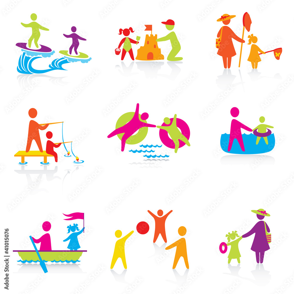 Set of Icons - Summer Time - Silhouette family. woman, man, kid,