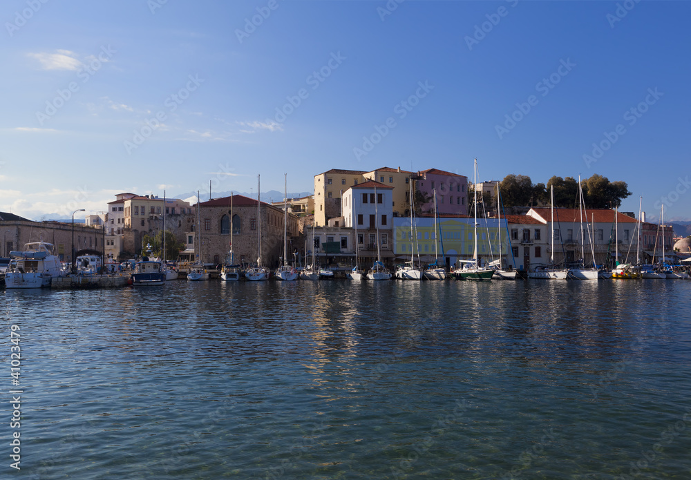 Sailboats and colourful buildings  at Chania, Greece
