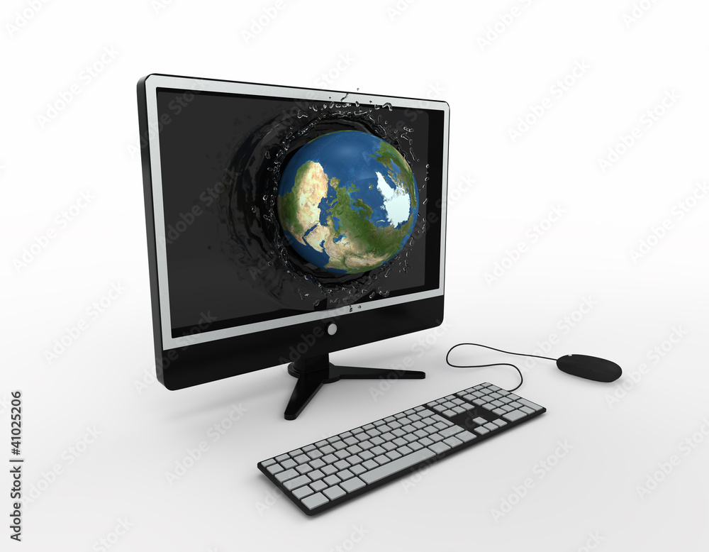 globe falling with splashes into the computer monitor screen globe falling with splashes into the computer monitor screen