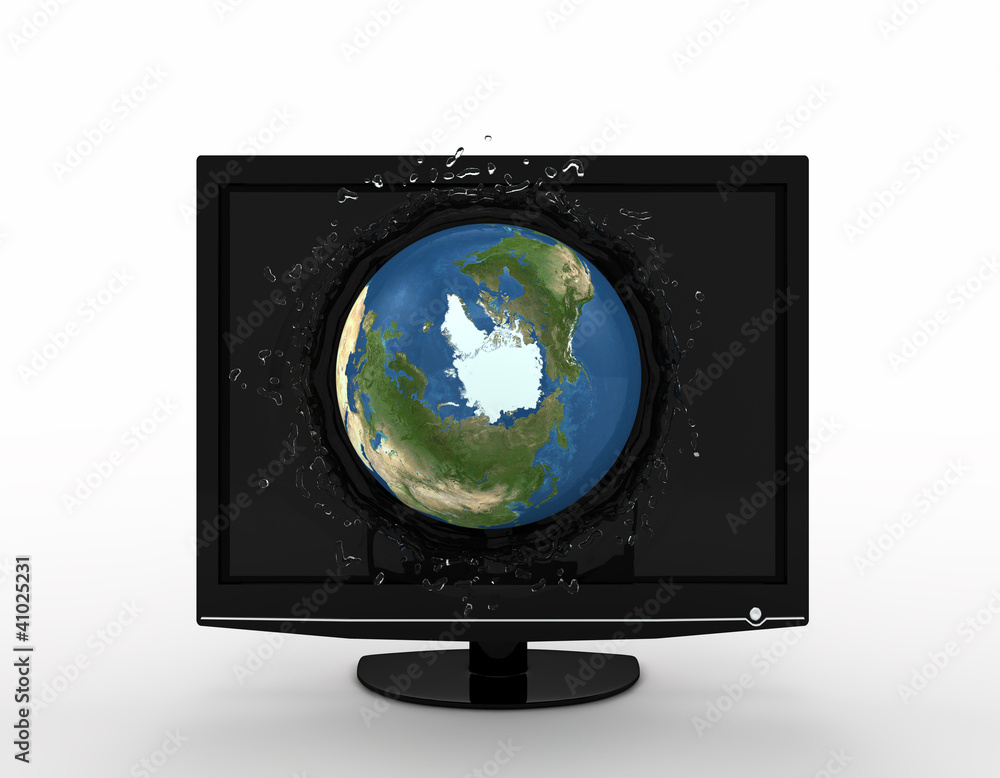 globe falling with splashes into the LCD tv screen globe falling with splashes into the LCD tv screen