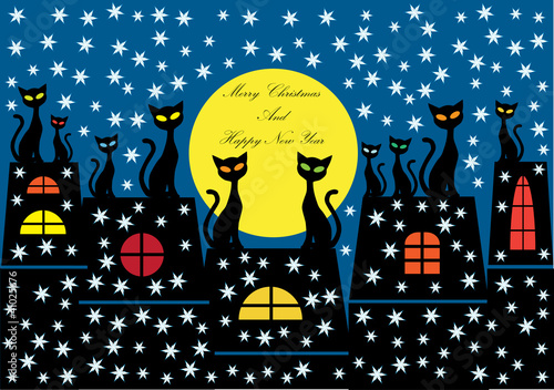 vector christmas background with cartoon cats in silhouette