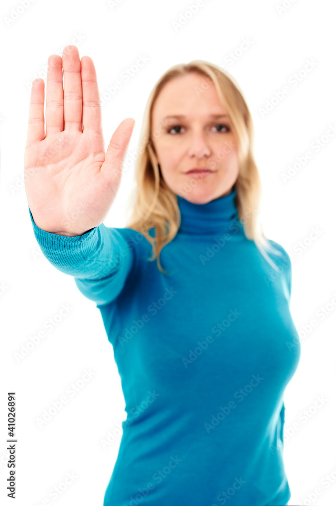 Confident woman stop gesture sing with hand Confident woman stop gesture sing with hand