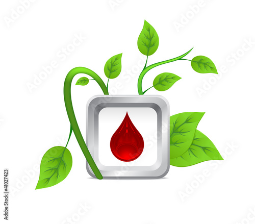 icon of drops of blood on the background of a green plant