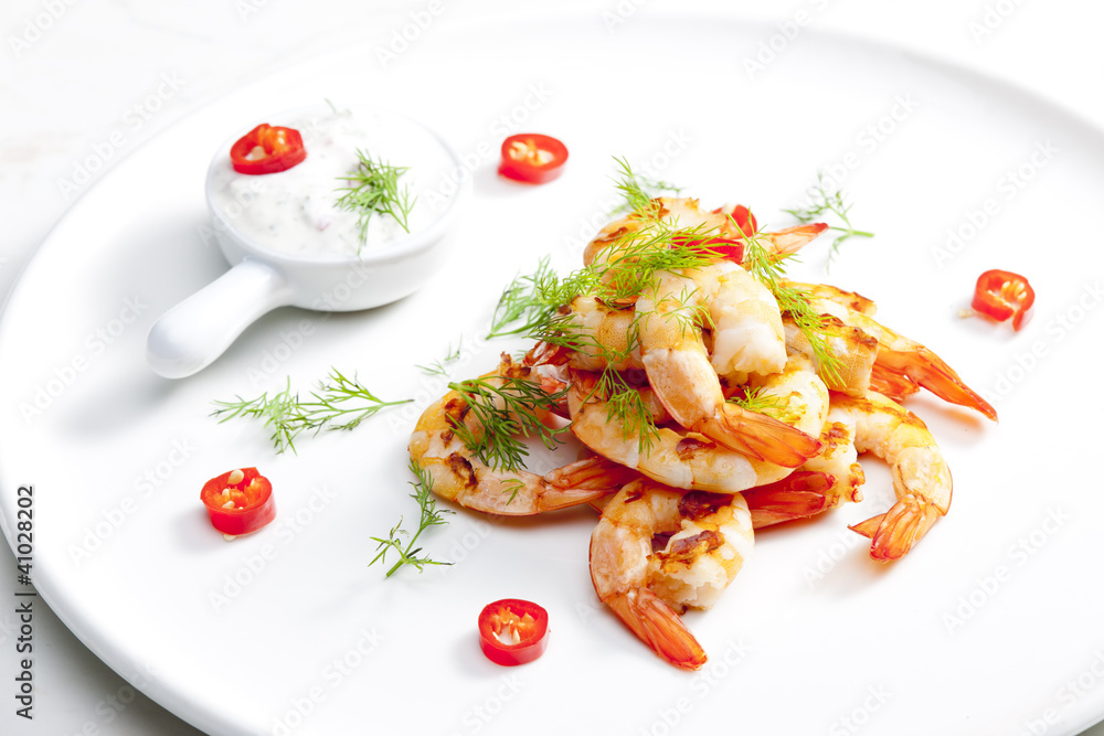 grilled prawns with dip of garlic, chilli and dill grilled prawns with dip of garlic, chilli and dill