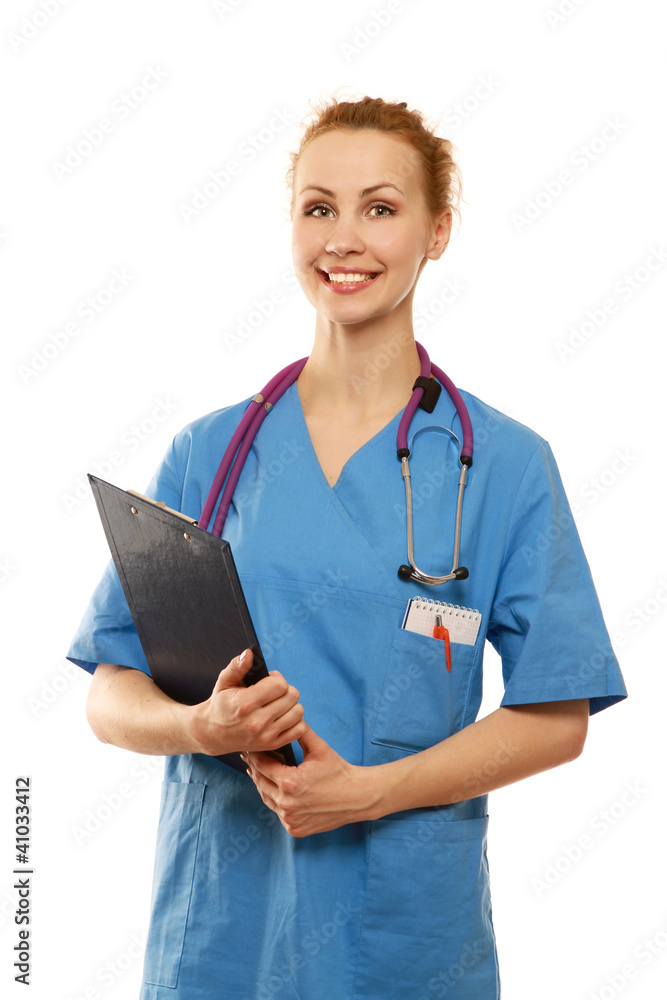 Young doctor with stethoscope and clipboard isolated Young doctor with stethoscope and clipboard isolated