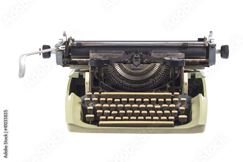 Old generation typewriter against a crisp white backdrop.