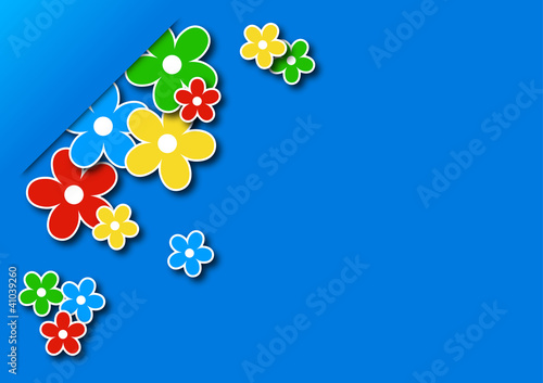 greeting card with colored flowers on a blue background