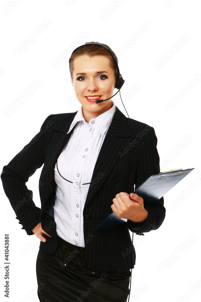 A businesswoman with headset isolated on white background