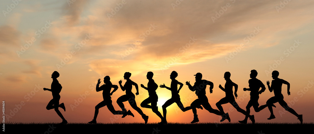 Marathon, black silhouettes of runners on the sunset - obrazy, fototapety, plakaty 