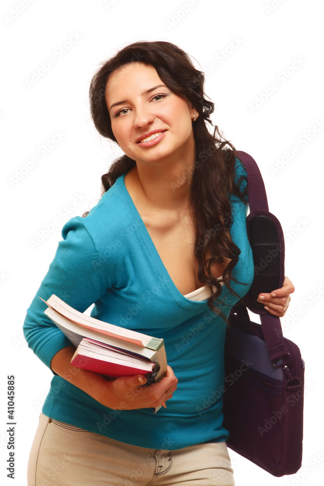 Young girl holding books. Isolated on a white background. Young girl holding books. Isolated on a white background.