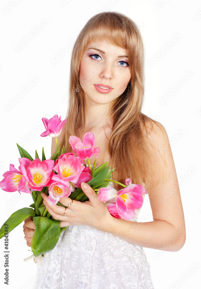 Picture of happy young blonde woman with colorful flowers Picture of happy young blonde woman with colorful flowers