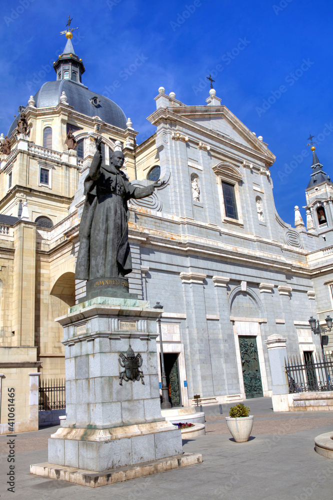Statue of pope John Paul II  in front of Almudena Cathedral