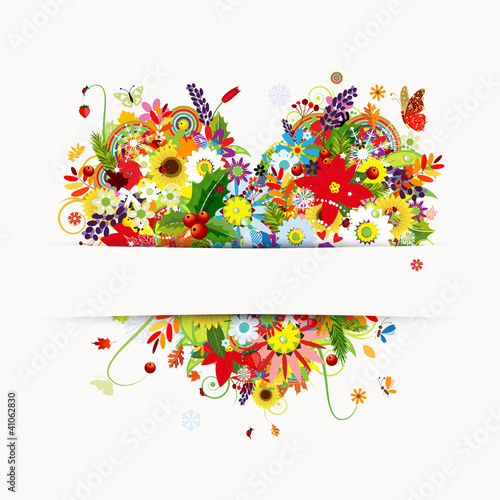 Gift card design with floral heart, four seasons