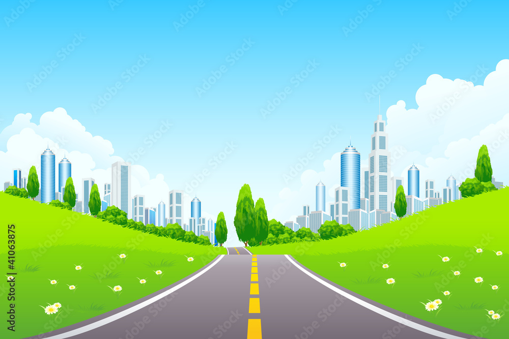 City Landscape with Trees and Road - obrazy, fototapety, plakaty 